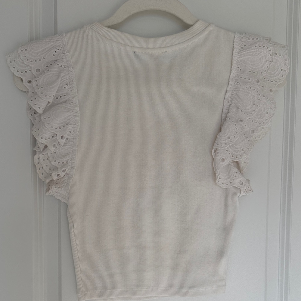 Zara Cream Ribbed Knit Top Eyelet Ruffles - Picture 3 of 3